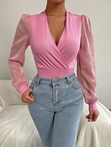 SHEIN Unity Contrast Mesh Puff Sleeve Bodysuit - Pink - View 5