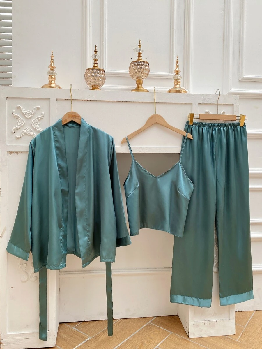 3pcs Belted Satin PJ Set - Cadet Blue - View 1