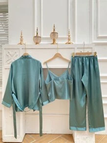 3pcs Belted Satin PJ Set - Cadet Blue - View 2