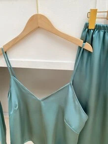 3pcs Belted Satin PJ Set - Cadet Blue - View 3