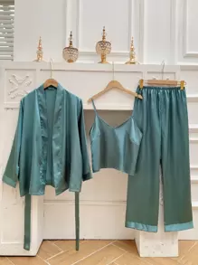 3pcs Belted Satin PJ Set - Cadet Blue - View 4