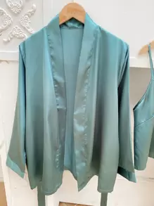 3pcs Belted Satin PJ Set - Cadet Blue - View 5