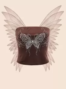 SHEIN ICON Top bandeau con estampado de mariposa con diamante de imitación - Óxido marrón - Ver 1