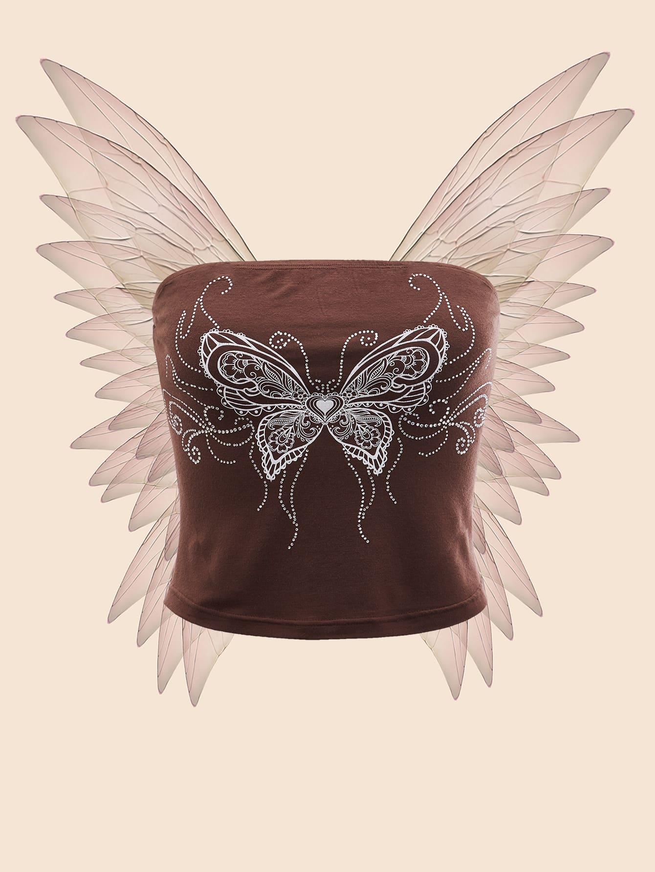 SHEIN ICON Top bandeau con estampado de mariposa con diamante de imitación - Óxido marrón - Ver 1