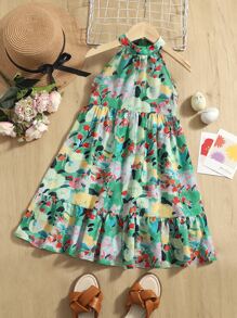 SHEIN 小女童滿版印花荷葉邊掛脖連衣裙 - 彩色 - 查看 5
