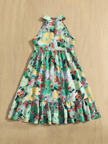 SHEIN 小女童滿版印花荷葉邊掛脖連衣裙 - 彩色 - 查看 2