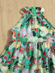 SHEIN 小女童滿版印花荷葉邊掛脖連衣裙 - 彩色 - 查看 3