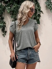 SHEIN LUNE 花瓣袖V領T恤 - 淺灰色 - 查看 3