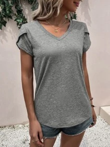 SHEIN LUNE 花瓣袖V領T恤 - 淺灰色 - 查看 4