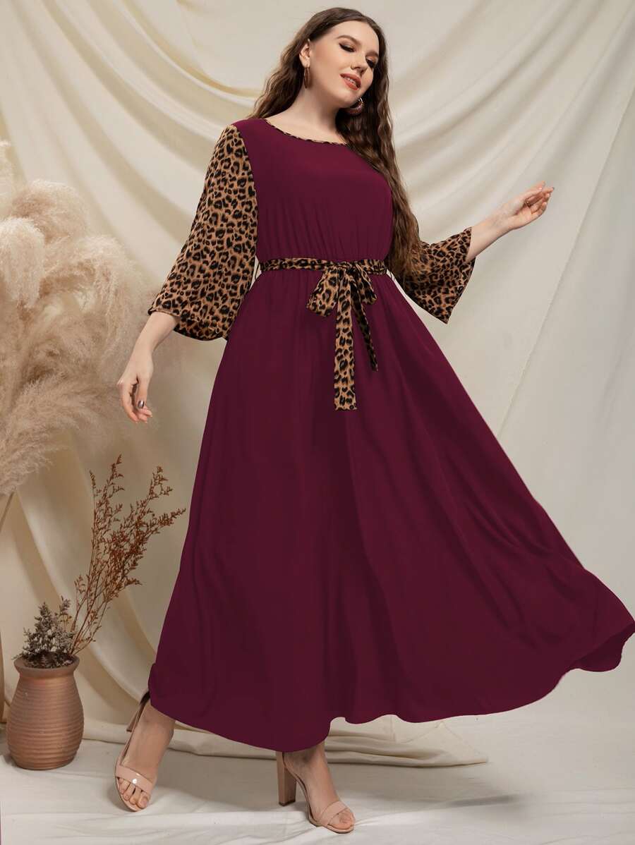 Lacomfia Burgundy Red Plus Leopard Print Trumpet Sleeve Belted Dress - Burgundy - View 1