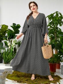 Mulvari Plus Ditsy Floral Shirred Waist Overlap Collar Trumpet Sleeve Dress - Black and White - View 1