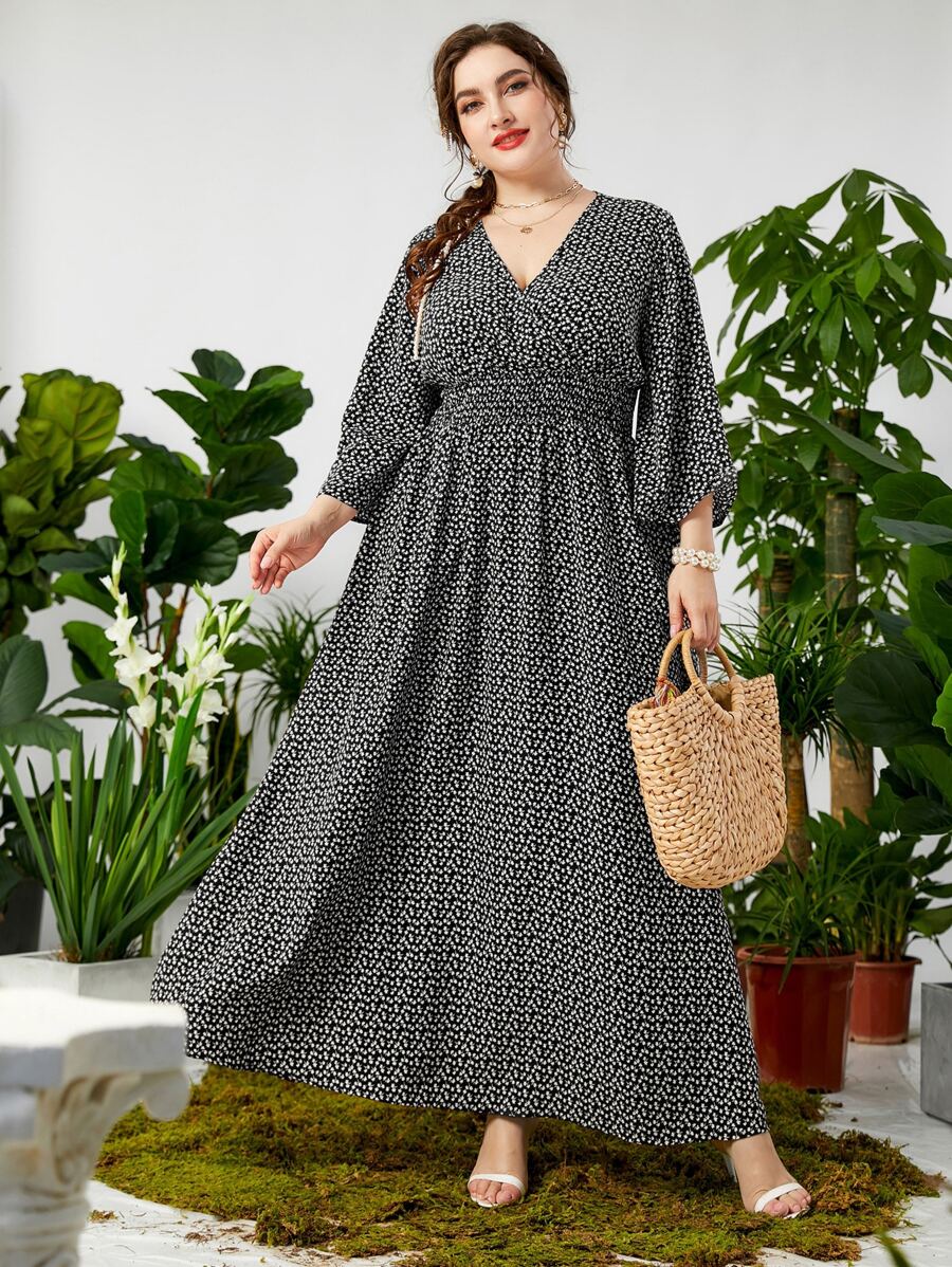 Mulvari Plus Ditsy Floral Shirred Waist Overlap Collar Trumpet Sleeve Dress - Black and White - View 1