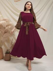 Lacomfia Burgundy Red Plus Leopard Print Trumpet Sleeve Belted Dress - Burgundy - View 4
