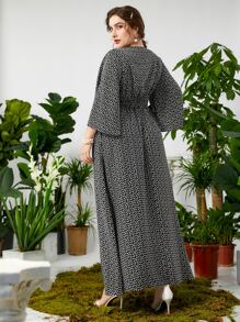 Mulvari Plus Ditsy Floral Shirred Waist Overlap Collar Trumpet Sleeve Dress - Black and White - View 2