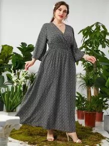 Mulvari Plus Ditsy Floral Shirred Waist Overlap Collar Trumpet Sleeve Dress - Black and White - View 6