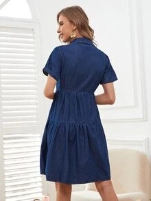 Vestido mezclilla con bolsillo con solapa con botón - Azul lavado oscuro - Ver 2