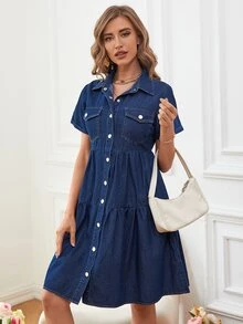 Vestido mezclilla con bolsillo con solapa con botón - Azul lavado oscuro - Ver 5