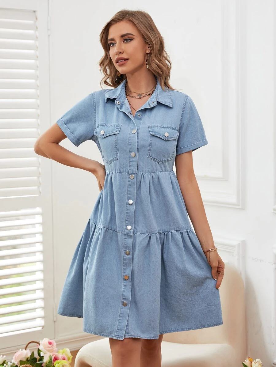 Vestido mezclilla con bolsillo con solapa con botón - Lavado ligero - Ver 1