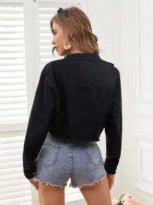 Drop Shoulder Rhinestone Fringe Trim Raw Cut Crop Denim Jacket - Black - View 2