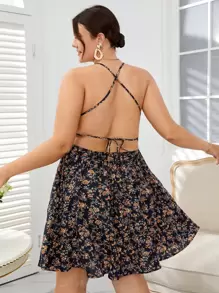 SHEIN Plus Floral Print Criss-cross Tie Backless Cami Dress - Multicolor - View 1