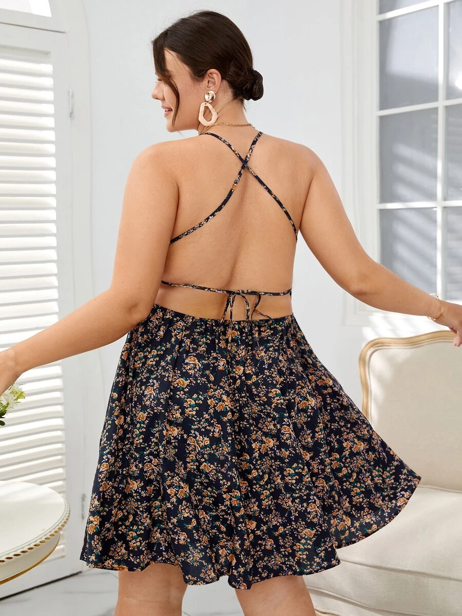 SHEIN Plus Floral Print Criss-cross Tie Backless Cami Dress - Multicolor - View 1