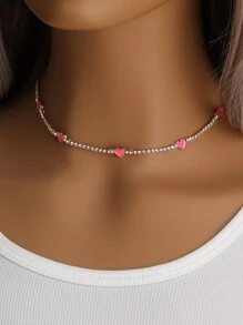 心和水鑽裝飾項鍊 - 彩色 - 查看 2