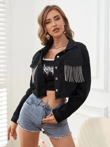 Drop Shoulder Rhinestone Fringe Trim Raw Cut Crop Denim Jacket - Black - View 4