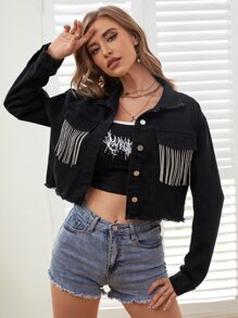 Drop Shoulder Rhinestone Fringe Trim Raw Cut Crop Denim Jacket - Black - View 5