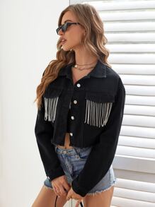 Drop Shoulder Rhinestone Fringe Trim Raw Cut Crop Denim Jacket - Black - View 6