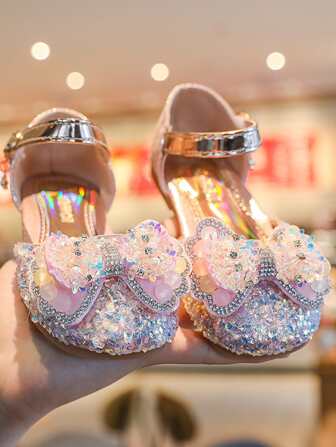 女孩水鑽和蝴蝶結裝飾踝帶平底鞋