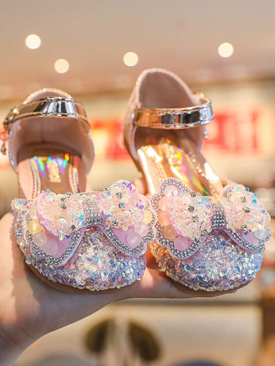 Niñas Zapatillas con tira tobillera con diamante de imitación & con diseño de lazo - Rosa - Ver 1