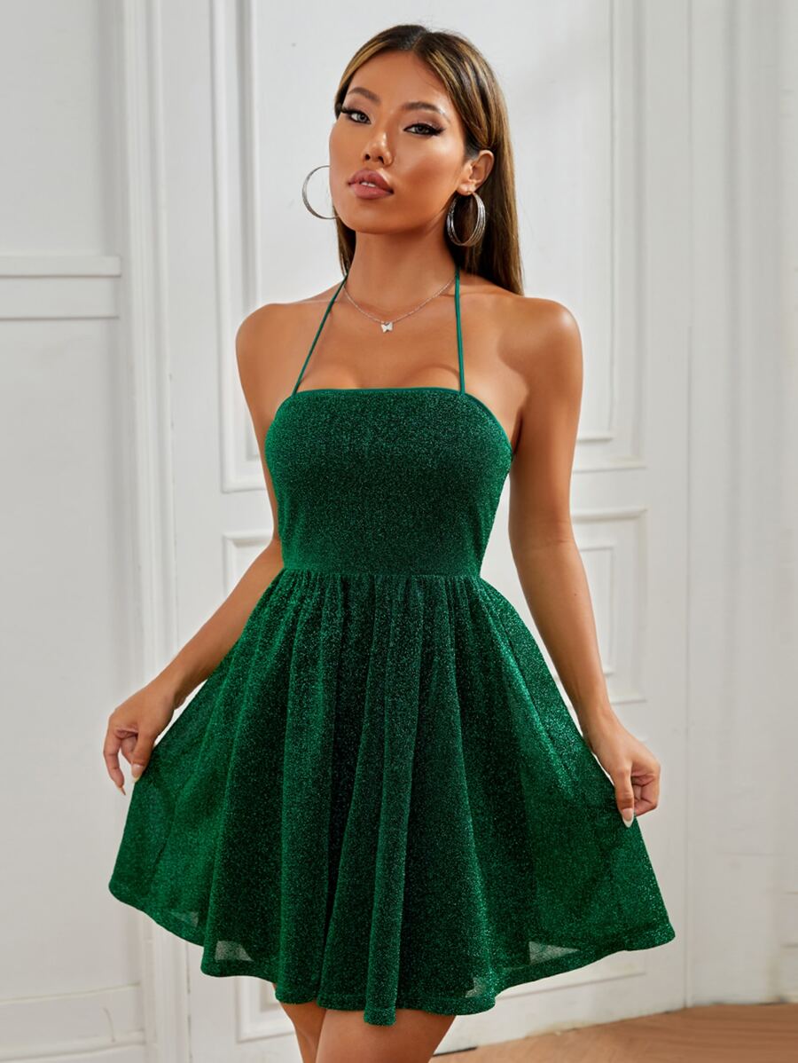 SHEIN PETITE Backless Metallic Halter Dress - Dark Green - View 1