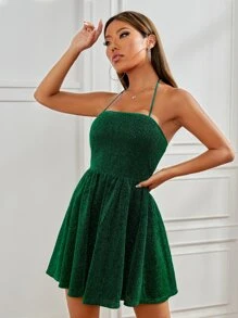 SHEIN PETITE Backless Metallic Halter Dress - Dark Green - View 4