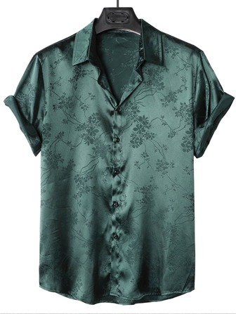 Manfinity Homme Herren Lässig Satin Hemd mit Blumenjacquard-Muster und Kragen, Kurzarm, für Ausgehen