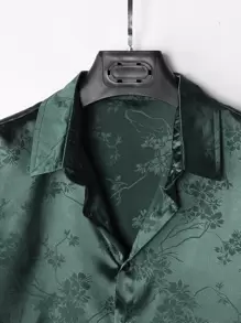 Manfinity Homme 男士花卉提花休闲缎面短袖领衬衫，适合外出