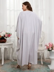 Plus Striped Fringe Kaftan Dress - Light Grey - View 2