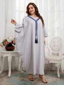 Plus Striped Fringe Kaftan Dress - Light Grey - View 3