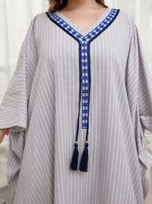 Plus Striped Fringe Kaftan Dress - Light Grey - View 4