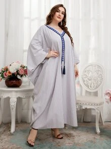 Plus Striped Fringe Kaftan Dress - Light Grey - View 6