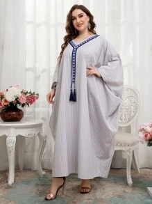 Plus Striped Fringe Kaftan Dress - Light Grey - View 7