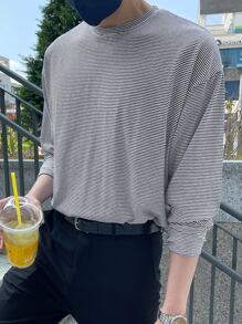 DAZY Camiseta de hombre con hombros caídos y rayas, ropa de otoño - Blanco y Negro - Ver 2