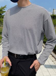 DAZY Camiseta de hombre con hombros caídos y rayas, ropa de otoño - Blanco y Negro - Ver 4