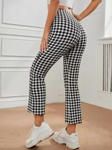 SHEIN PETITE 高腰雙色格子喇叭褲 - 黑與白 - 查看 2