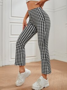 SHEIN PETITE 高腰雙色格子喇叭褲 - 黑與白 - 查看 4