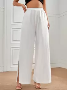 SHEIN PETITE 高腰高衩闊腿褲 - 白色 - 查看 4