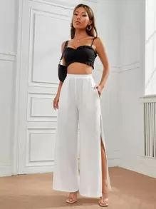 SHEIN PETITE 高腰高衩闊腿褲 - 白色 - 查看 5