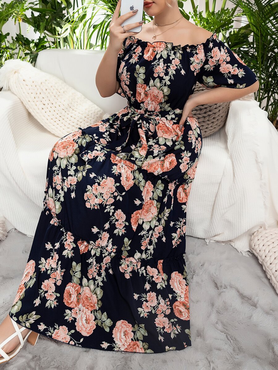 Mulvari Plus Floral Bardot Belted Maxi Layered Dress - Multicolor - View 1