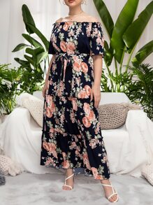 Mulvari Plus Floral Bardot Belted Maxi Layered Dress - Multicolor - View 7