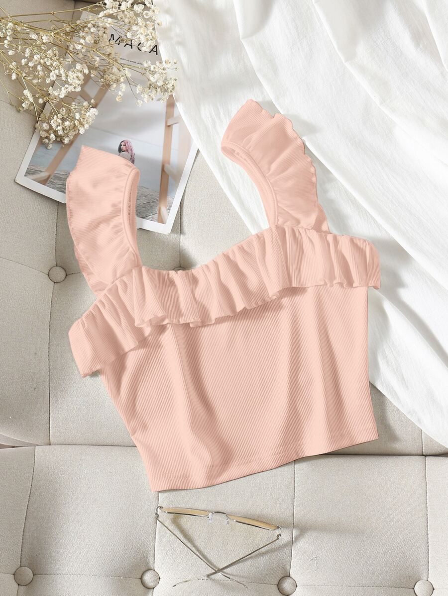 Áo hai dây Xù màu trơn Giải trí - Màu Hồng baby - Xem 1