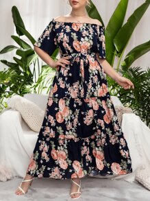 Mulvari Plus Floral Bardot Belted Maxi Layered Dress - Multicolor - View 3
